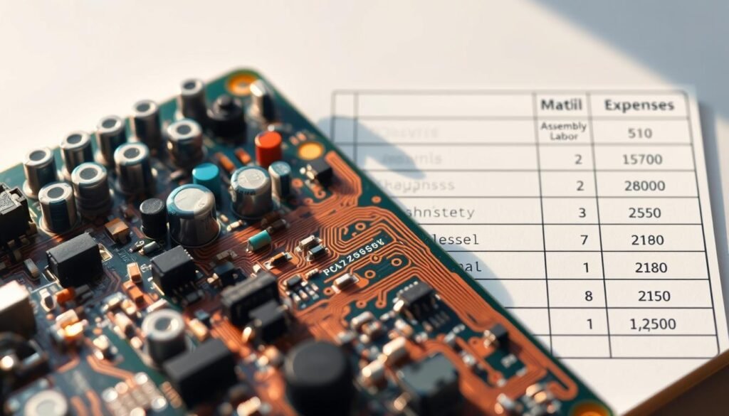A detailed cross-section of a printed circuit board, showcasing its intricate components and cost-related elements. In the foreground, various electronic parts like resistors, capacitors, and integrated circuits are arranged neatly, their values and specifications clearly visible. The middle ground features the PCB substrate, with its copper traces and vias meticulously rendered. In the background, a grid-like layout highlights the cost breakdown, including material expenses, assembly labor, and other manufacturing fees. Soft, directional lighting illuminates the scene, casting subtle shadows and emphasizing the technical details. The overall composition conveys a sense of precision, complexity, and the importance of understanding the cost components in a PCBA quote.