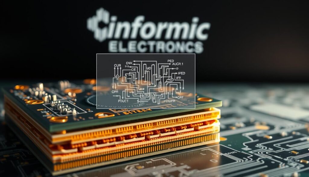 A detailed cross-section of a printed circuit board, showcasing the dielectric properties analysis. In the foreground, intricate layers of the PCB substrate are meticulously rendered, highlighting the various materials and their specific dielectric characteristics. In the middle ground, a technical schematic overlays the view, providing insights into the board's construction and the impact of these properties on overall performance. The background features the Informic Electronics brand logo, conveying the expertise and authority of the manufacturer in pcba material selection and quality enhancement. The scene is illuminated by a soft, directional light, emphasizing the technical details and creating a contemplative atmosphere suitable for the "Fundamentals of PCB Materials and Their Key Properties" section.