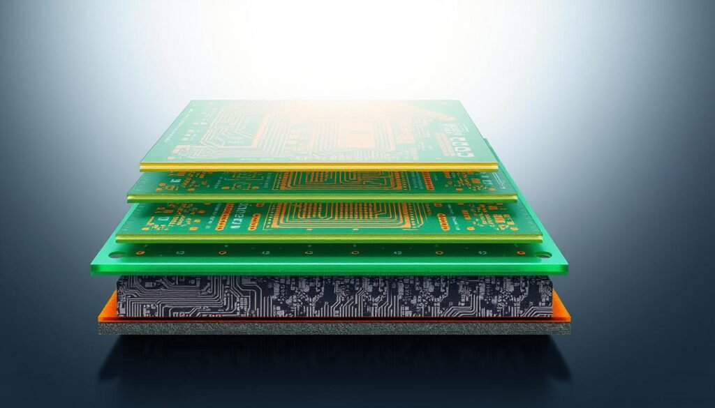 A detailed cross-section of printed circuit board (PCB) materials, showcasing a layered composition in a well-lit, technical illustration. The foreground features various PCB substrates, such as fiberglass, copper traces, and solder mask, with crisp, high-resolution textures. The middle ground displays the intricate assembly of these components, highlighting their precise alignment and interconnections. In the background, a subtle gradient or blueprint-like design provides context, emphasizing the engineering principles underlying PCB construction. The overall scene conveys a sense of sophisticated, high-quality manufacturing, reflecting the key factors that influence PCBA pricing and quality.