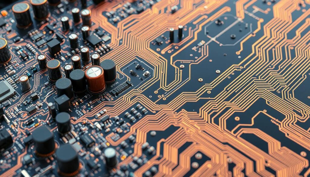 A detailed, cross-sectional view of a complex, multi-layered printed circuit board, showcasing the intricate technological advancements driving PCB miniaturization. The foreground features precisely arranged, densely packed electronic components, capacitors, and integrated circuits, with a focus on their diminutive size and precise positioning. In the middle ground, the board's intricate copper trace patterns wind through the layers, demonstrating the advanced routing and interconnectivity. The background reveals the board's internal structure, with thin, flexible materials and efficient heat dissipation channels. Crisp, evenly distributed lighting highlights the board's futuristic, sleek aesthetics, conveying a sense of cutting-edge technology and rapid progress in the field of printed circuit board assembly.
