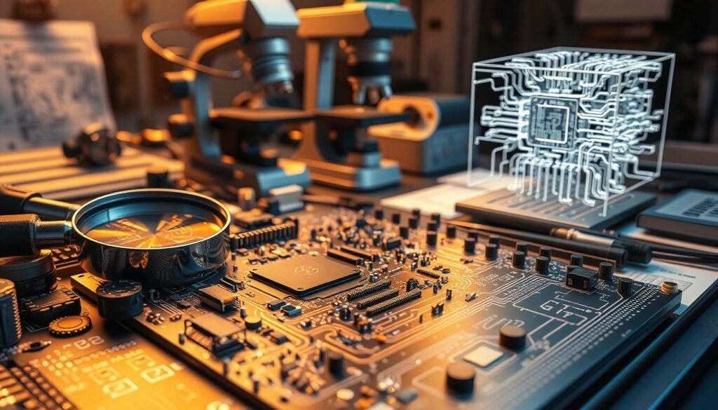 A detailed, high-resolution rendering of a printed circuit board (PCB) undergoing reverse engineering. The foreground showcases a partially disassembled PCB, exposing its intricate layers and components. Magnifying tools, schematics, and test equipment surround the board, reflecting the meticulous analysis process. The middle ground features a microscope, probes, and other specialized tools used to study the PCB's circuitry and trace connections. In the background, a complex 3D model of the PCB hovers, highlighting the digital reverse engineering capabilities. The scene is bathed in a warm, focused lighting, conveying the technical expertise and attention to detail required for effective PCBA reverse engineering.