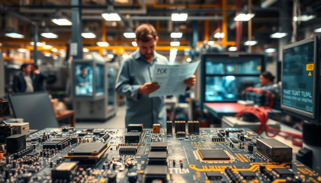 A detailed, multi-layered image showcasing "PCB cost-reduction strategies". In the foreground, a circuit board with various electronic components, neatly arranged and optimized for efficient manufacturing. In the middle ground, a team of engineers reviewing design schematics and cost breakdowns, discussing optimization techniques. In the background, a factory floor with advanced PCB assembly equipment, highlighting automated processes and lean manufacturing principles. The scene is bathed in a warm, technical lighting, conveying a sense of pragmatic problem-solving and cost-conscious engineering. The overall mood is one of thoughtful, data-driven decision making aimed at delivering high-quality PCBAs at the most cost-effective price point.