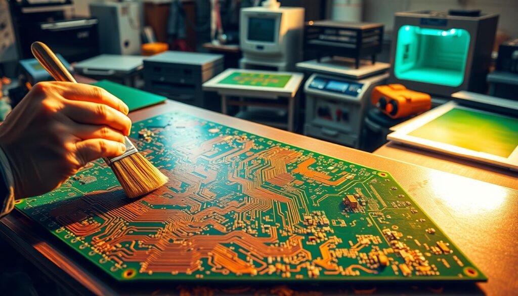 A detailed step-by-step process of solder mask application on a printed circuit board. In the foreground, a technician carefully brushes a green solder mask material onto the PCB's copper traces and pads. The middle ground shows a close-up view of the mask-coated board, highlighting the precise deposition and uniform coverage. In the background, various tools and equipment used for the application process, such as stencils, squeegees, and curing ovens, create a technical workshop atmosphere. Warm, directional lighting casts shadows that emphasize the textures and layers of the application steps. The overall scene conveys the meticulous and professional nature of this critical PCB manufacturing stage.