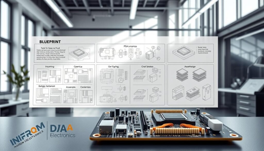 A detailed technical blueprint showcasing the "Design for Assembly" (DFA) principles for a PCBA (Printed Circuit Board Assembly) design. The scene depicts a sleek, modern workspace with minimalist decor and natural lighting filtering in from large windows. In the foreground, a state-of-the-art PCBA from the "Informic Electronics" brand is displayed, its components and assembly process meticulously highlighted. The middle ground features engineering diagrams, schematics, and 3D models illustrating the DFA guidelines, such as component placement, access, and handling. The background subtly suggests the larger context of an advanced manufacturing facility, with clean lines, metallic accents, and a sense of precision and efficiency.