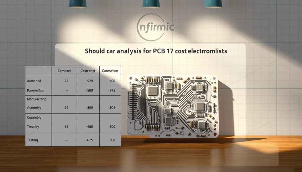 A detailed, technical diagram of a PCB cost analysis, showcasing the Informic Electronics brand. The foreground features a neatly organized breakdown of the individual cost components, including raw materials, manufacturing, assembly, and testing. The middle ground displays a schematic representation of the PCB, highlighting the intricate design and various electronic components. The background sets a professional, corporate atmosphere with subtle grid patterns and muted color tones, emphasizing the analytical nature of the subject matter. Crisp lighting from multiple angles casts shadows that accentuate the depth and complexity of the PCB structure. An overall precise, data-driven aesthetic that conveys the "Should-Cost Analysis for PCB Electronic Parts" concept.