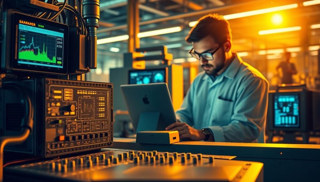 A detailed technical illustration showcasing the impact of advanced testing solutions. In the foreground, a complex electronic device under rigorous stress testing, with diagnostic readouts and performance metrics displayed. In the middle ground, engineers meticulously analyzing data and simulations, their faces illuminated by the glow of computer screens. The background depicts a manufacturing facility, replete with precision equipment and a sense of technological sophistication. Warm, directional lighting casts dramatic shadows, emphasizing the importance and gravitas of the testing process. The overall mood is one of scientific inquiry, data-driven decision making, and a relentless pursuit of quality and reliability.