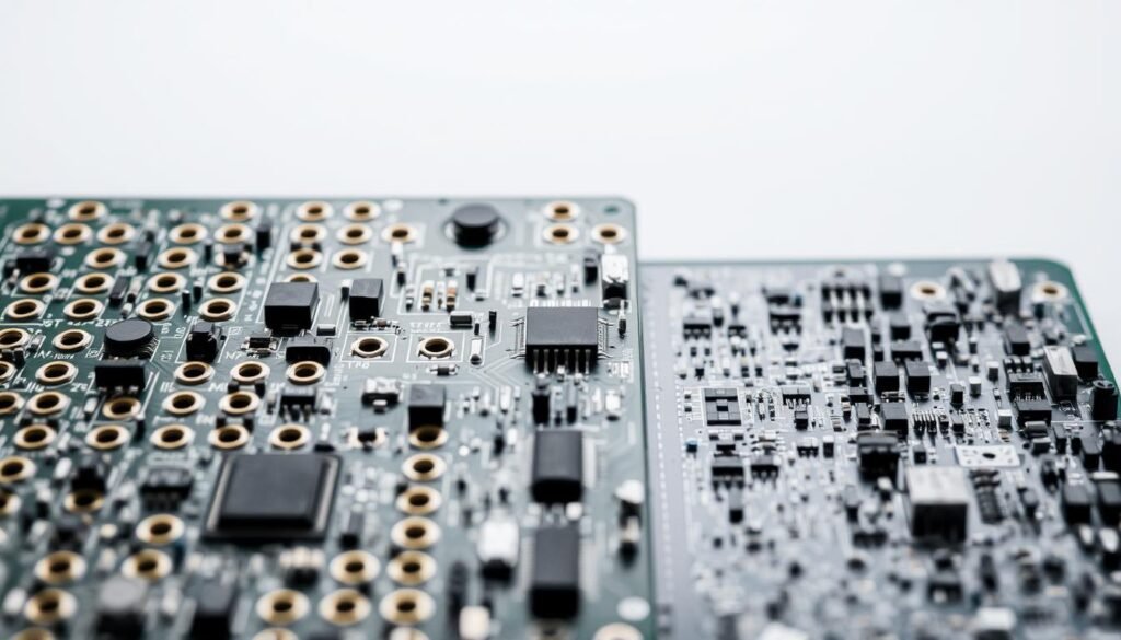 A detailed, well-lit close-up comparison of the component density between a through-hole technology (THT) circuit board and a surface-mount technology (SMT) circuit board. The THT board fills the foreground, showcasing the larger, more spaced-out components mounted through drilled holes. In the middle ground, the SMT board contrasts with its smaller, densely packed components soldered directly onto the surface. The background softly fades to a neutral, sterile environment, emphasizing the technical, engineering nature of the subject. Crisp focus, neutral color tones, and balanced lighting draw attention to the distinct component layouts, highlighting the advantages and limitations of through-hole assembly.