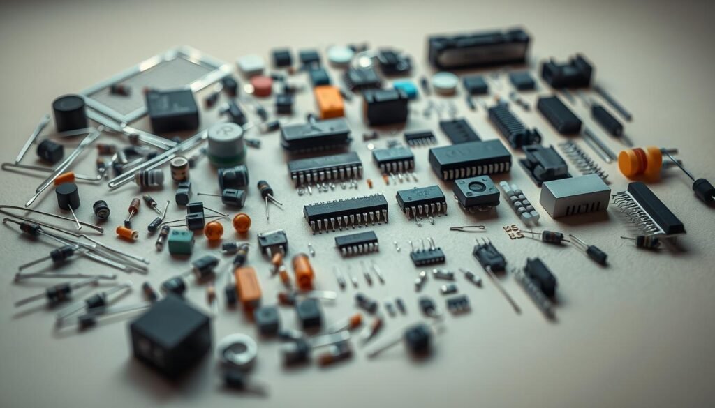 A detailed, well-lit close-up photograph of essential PCB BOM components, arranged neatly on a clean, neutral-colored surface. The foreground showcases an assortment of resistors, capacitors, ICs, connectors, and other key electronic parts in a visually striking layout. The middle ground includes smaller passive components and surface-mount devices, while the background subtly hints at the technical nature of the subject matter with a faint grid or circuit board pattern. The lighting is crisp and directional, casting subtle shadows that accentuate the texture and form of the components. The overall tone is professional, informative, and designed to effectively illustrate the "Essential Elements of an Accurate PCB Bill of Materials".