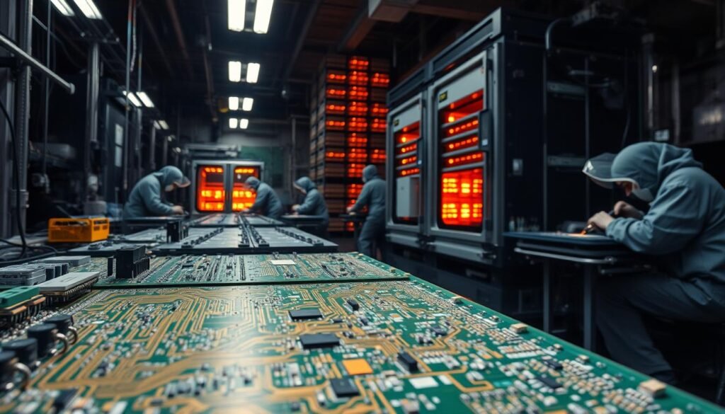 A dimly lit PCBA manufacturing facility, with rows of intricate circuit boards and workers in protective gear meticulously assembling components. The foreground shows a partially assembled board, highlighting the complexity of the interconnected traces and tiny electronic parts. In the middle ground, automated pick-and-place machines precisely position components, while in the background, a towering rack of reflow ovens casts an orange glow, symbolizing the challenges of thermal management. The atmosphere is one of intense focus and precision, with the hum of machinery and the occasional flash of a soldering iron adding to the sense of technical complexity and manufacturing constraints.