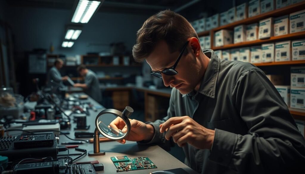 A dimly lit electronics workshop, workbenches arranged in a U-shape configuration. In the foreground, a technician carefully inspects a small printed circuit board (PCBA), magnifying glass in hand, brow furrowed in concentration. Surrounding the workbench, various tools and components are neatly organized, hinting at the intricate nature of low-volume PCBA assembly. In the middle ground, another technician meticulously solders components onto a PCBA, their movements steady and precise. In the background, shelves lined with carefully labeled PCBA boxes suggest the diverse range of products being assembled in this space. The overall atmosphere is one of focused attention, with subtle shadows and muted tones conveying the challenges of managing high-mix, low-volume PCBA production.