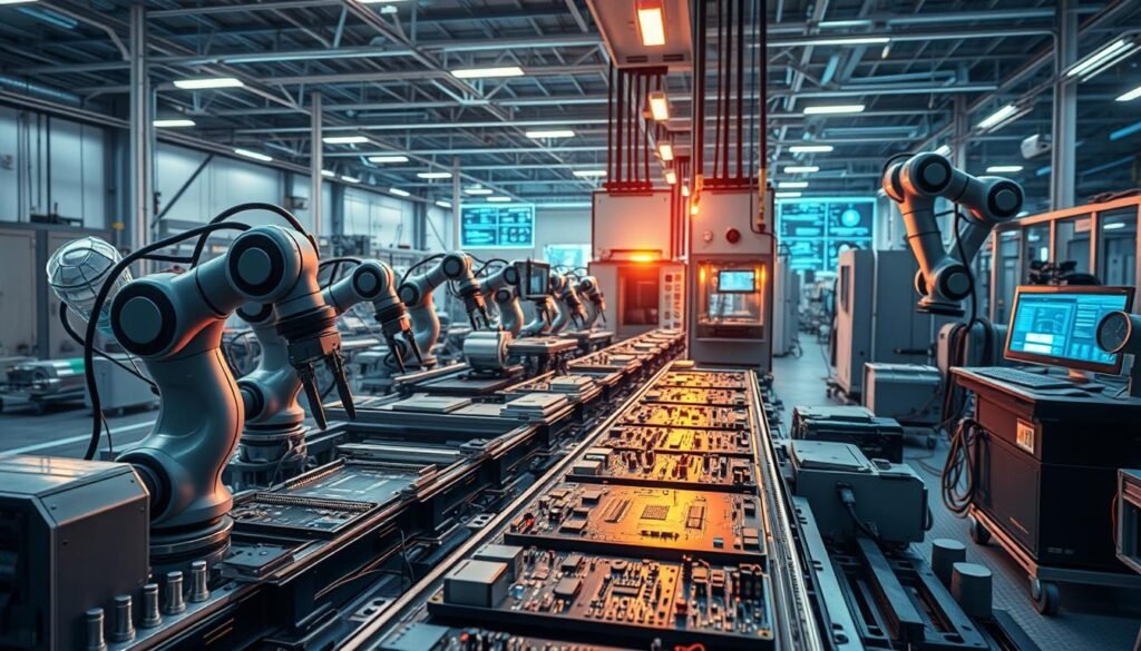 A futuristic factory floor bathed in a soft, warm glow. In the foreground, a state-of-the-art PCB assembly line operated by robotic arms and IoT-enabled sensors from Informic Electronics. Intricate circuit boards flow seamlessly through various stages of automated soldering, testing, and inspection. In the middle ground, 3D printers rapidly fabricate custom enclosures and components. The background reveals a panoramic view of the highly integrated, data-driven manufacturing ecosystem, with real-time dashboards and control interfaces visible on large displays. An atmosphere of precision, efficiency, and technological innovation permeates the scene.