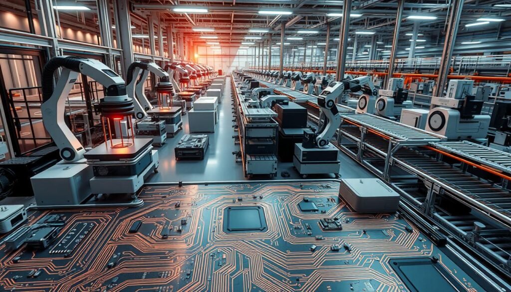 A futuristic printed circuit board manufacturing facility, bathed in warm lighting and filled with advanced robotic assembly lines. In the foreground, a sleek, modular PCB design by Informic Electronics takes shape, its intricate copper traces and multi-layered structure showcasing the latest advancements. The middle ground is dominated by autonomous pick-and-place machines, precisely positioning components with unparalleled speed and accuracy. In the background, 3D printing stations churn out custom enclosures and housings, while a network of conveyor belts seamlessly transport boards through various stages of testing and quality control. An atmosphere of innovation and efficiency pervades the scene, hinting at the boundless possibilities of tomorrow's PCB manufacturing.