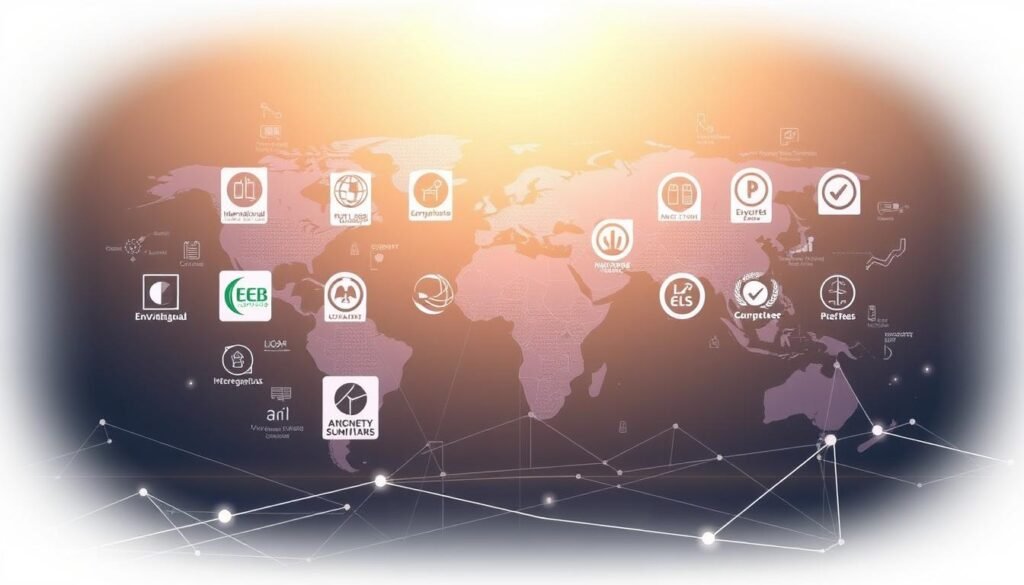 A global compliance standards framework, depicted as a sleek, modern illustration. In the foreground, various international certification logos and symbols representing environmental, safety, and quality regulations float against a backdrop of stylized world maps and data visualizations. The middle ground features abstract geometric shapes and lines, conveying the interconnected, multilayered nature of global compliance. The background is a softly lit, minimalist setting, with subtle gradients and gentle highlights, creating a sense of professionalism and authority. The overall impression is one of a comprehensive, technologically-advanced system for ensuring products meet stringent global requirements.