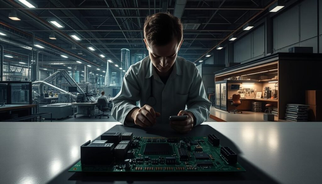 A global landscape of high-tech factories, gleaming assembly lines, and robotic precision juxtaposed against the intimate, artisanal charm of a local PCBA workshop. Dramatic lighting casts long shadows, emphasizing the scale and complexity of mass production versus the hands-on craftsmanship of bespoke electronics. In the foreground, a circuit board takes shape, its intricate components delicately assembled under the watchful eye of a skilled technician. In the background, towering skyscrapers and vast warehouses hint at the global supply chain, while a small, family-owned studio radiates a sense of community and local pride. The contrast between these two worlds, each with its own advantages and challenges, captures the essence of the global versus local PCBA production debate.