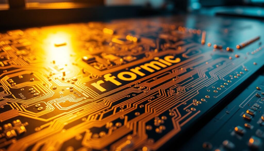 A high-density interconnect (HDI) printed circuit board (PCB) with intricate copper traces and vias, illuminated by soft, directional lighting. The board features the "Informic Electronics" brand name, showcasing the advanced manufacturing capabilities. In the foreground, the PCB design is meticulously detailed, with various interconnect patterns and blind/buried vias visible. The middle ground highlights the board's multilayer construction, while the background subtly suggests the board's integration within a larger electronic system. The overall scene conveys the sophistication and benefits of HDI PCB technology, such as increased component density, improved signal integrity, and enhanced reliability.