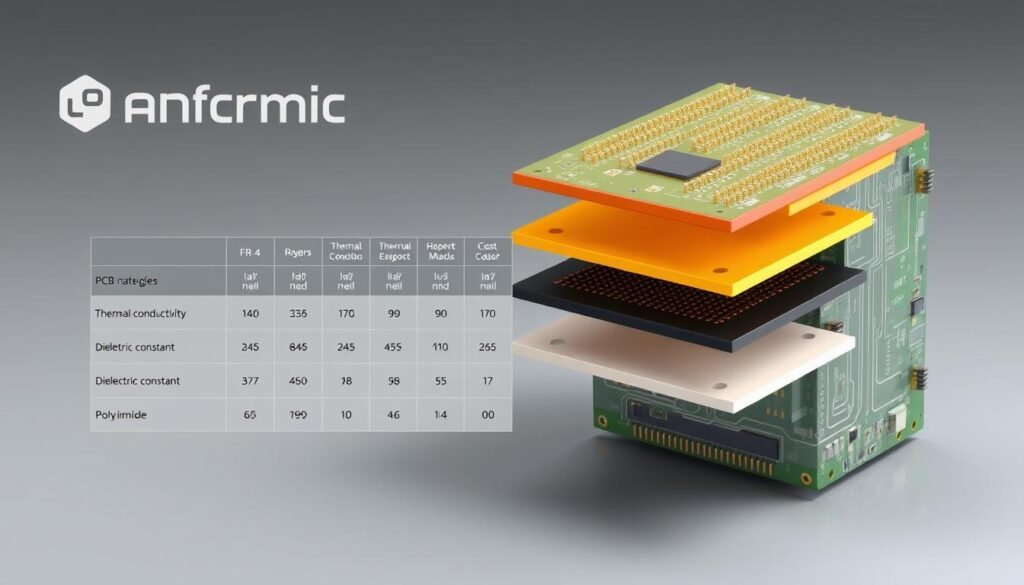 A high-resolution illustration showcasing the various PCB material categories and their key attributes. In the foreground, a meticulously detailed cross-section of a multi-layer PCB board, highlighting the different substrate materials used, such as FR-4, Rogers, and polyimide. The middle ground features a technical comparison chart, displaying the properties of each material type, including thermal conductivity, dielectric constant, and cost. In the background, the Informic Electronics logo is prominently displayed, emphasizing the brand's expertise in PCB material selection and stack-up design. The overall scene is rendered with a clean, technical aesthetic, utilizing a neutral color palette and precise lighting to convey the importance of informed material choices in achieving superior product quality.