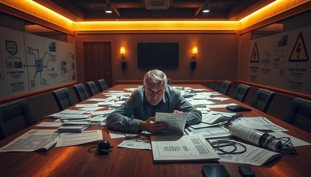 A high-stakes conference room, dimly lit by warm task lighting. On the long wooden table, a tangle of supply chain data and risk reports sprawl, casting ominous shadows. In the foreground, a lone executive pores over a detailed risk assessment, brow furrowed in concentration. The walls are adorned with complex diagrams and warning signs, creating a sense of uncertainty and the need for vigilance. The atmosphere is tense, reflecting the gravity of the decisions that must be made to ensure component authenticity and mitigate supply chain vulnerabilities.
