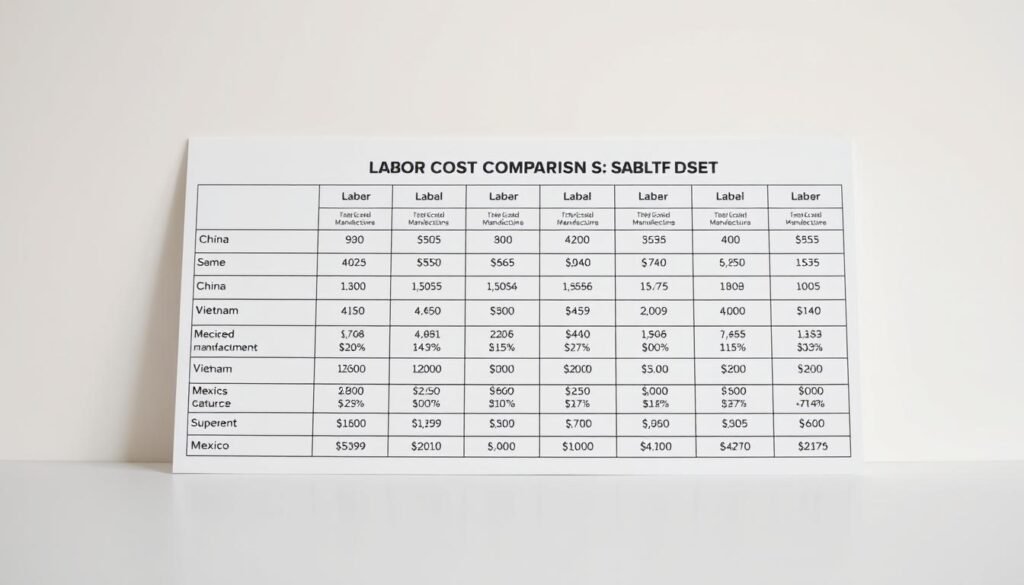 A highly detailed and meticulously arranged labor cost comparison table set against a clean, minimalist background. The table features precise data visualizations, with crisp typography and intuitive iconography to highlight the key differences in manufacturing costs between China, Vietnam, and Mexico. Diffused lighting casts a warm, professional tone, while a shallow depth of field draws the viewer's attention to the central data display. The overall composition is balanced and impactful, designed to seamlessly integrate into the "Supply Chain and Labor Cost Comparison" section of the article.