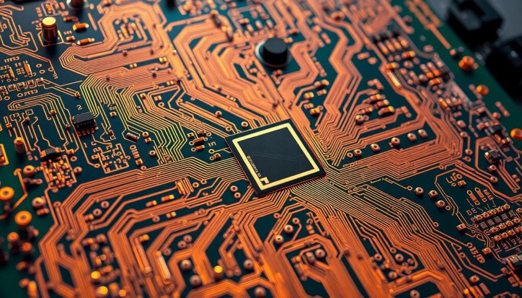 A highly detailed and optimized printed circuit board design, showcasing intricate copper traces, vias, and component placements. The layout is meticulously organized, with thoughtful component positioning and routing to minimize electromagnetic interference and ensure efficient power distribution. The board is illuminated by warm, diffused lighting, casting subtle shadows that accentuate the delicate features. The design exudes a sense of precision and technical excellence, reflecting the careful balance between affordability and performance.