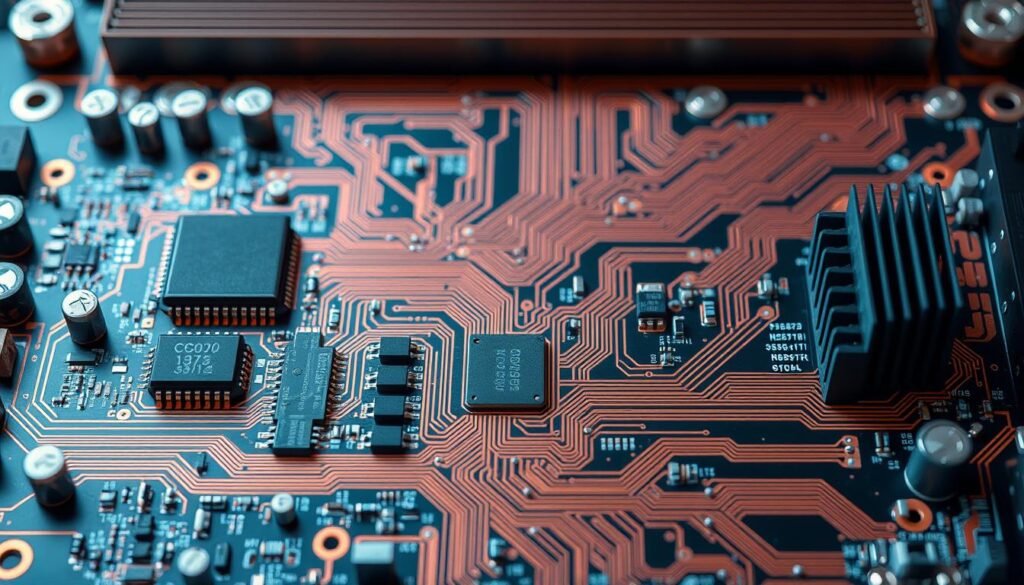 A highly detailed and precisely engineered circuit board, showcasing the advanced design of a battery management system. The foreground features a complex array of microchips, capacitors, and other electronic components, arranged in a visually striking and symmetrical layout. The middle ground displays intricate copper traces, precisely etched to optimize power distribution and signal pathways. In the background, a subtle yet sophisticated cooling system, with heat sinks and airflow channels, ensures efficient thermal management. The entire scene is bathed in a cool, technical light, accentuating the sleek, modern aesthetic of the design. The overall impression conveys a sense of sophisticated engineering, cutting-edge technology, and meticulous attention to detail.