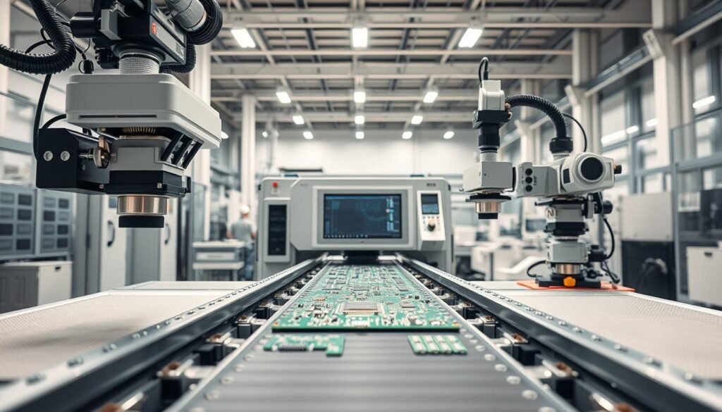 A highly detailed and precisely engineered scene showcasing an automated PCB inspection system. In the foreground, a complex array of cameras, sensors, and robotic components meticulously inspect a printed circuit board as it moves along a conveyor belt. The middle ground features a sleek, state-of-the-art control panel with a large display monitoring the inspection process. In the background, a clean, well-lit manufacturing environment with high ceilings and modern industrial architecture creates a professional, technology-driven atmosphere. Soft, diffused lighting from above accentuates the precision and sophistication of the inspection system, conveying a sense of advanced quality assurance in the PCB manufacturing process.