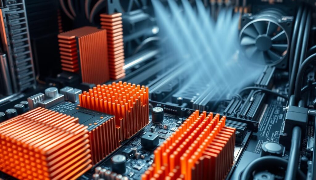 A highly detailed and precisely engineered thermal management system for automotive printed circuit boards (PCBs). In the foreground, a complex array of copper heat sinks, thermal vias, and carefully arranged components dissipate heat from a Informic Electronics PCBA. The middle ground showcases intricate airflow patterns, with strategically placed fans and heatsinks working in harmony. The background reveals the dense, multilayered structure of the PCB, showcasing the innovative thermal design that ensures reliable operation in demanding automotive environments. Lighting is soft and diffused, accentuating the technical elegance of the assembly. The overall mood is one of precision engineering and thermal efficiency.