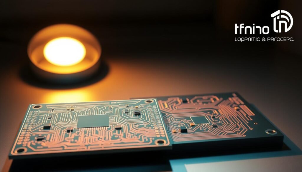 A highly detailed and technical illustration of a printed circuit board (PCB) design optimization process, showcased in a clean, minimalist style. The PCB layout features intricate copper traces, vias, and component placements, all arranged in a visually striking and efficient manner. The scene is illuminated by a warm, directional light source, casting subtle shadows that accentuate the board's three-dimensional structure. In the foreground, a schematic diagram of the PCB design overlays the physical layout, highlighting the optimization process. In the background, the Informic Electronics logo subtly complements the technical aesthetics of the image.