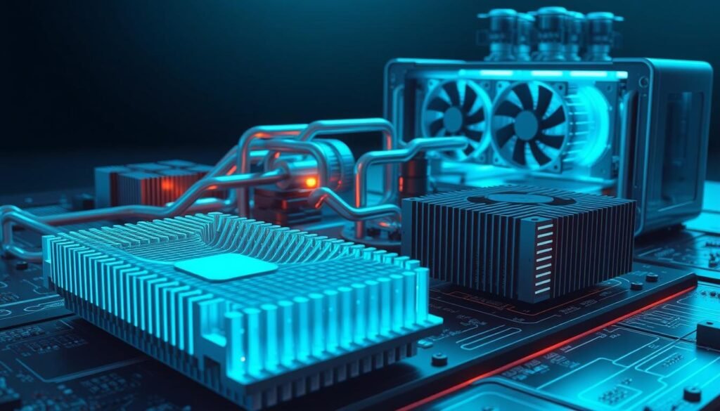 A highly detailed and technical illustration of advanced cooling techniques for printed circuit board assemblies (PCBAs). In the foreground, a state-of-the-art heatsink with intricate, fin-like structures dissipating heat from a central component. In the middle ground, strategically placed heatpipes and vapor chambers, conveying thermal energy away from critical areas. In the background, a futuristic cooling system featuring liquid coolant channels and impeller-driven fans, all encased in a sleek, minimalist housing. The scene is illuminated by a cool, blue-tinted lighting, casting dramatic shadows and highlights that accentuate the engineering complexity. The overall mood is one of technological sophistication and thermal efficiency, perfectly capturing the essence of innovative PCB thermal management.