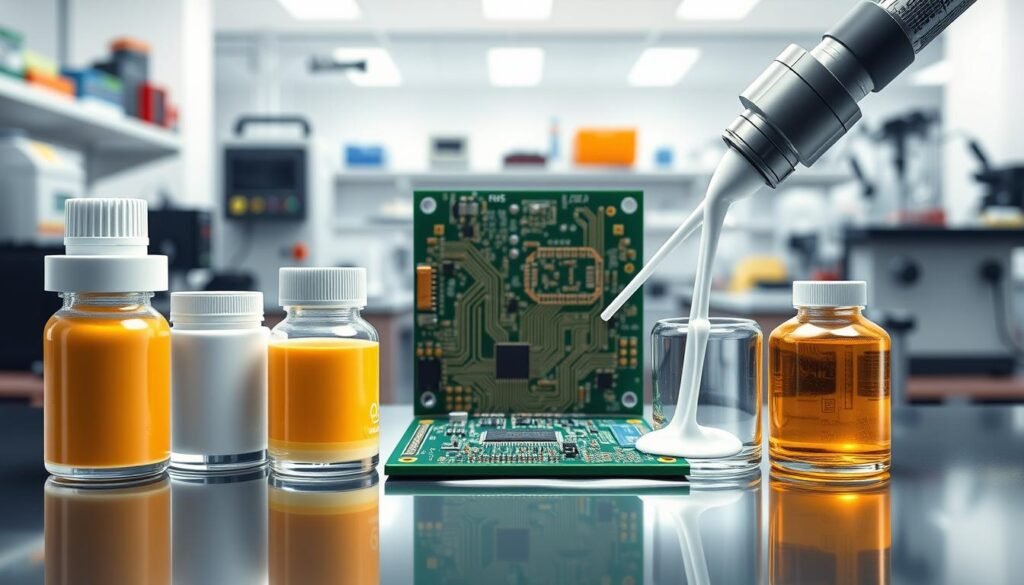 A highly detailed and technical illustration showcasing the various types of conformal coatings used in the electronics industry. The foreground displays a selection of different conformal coating materials, including acrylic, silicone, urethane, and epoxy, each with their distinct visual characteristics. The middle ground features a printed circuit board (PCB) being coated by a thin, uniform layer of the selected material, highlighting the application process. The background depicts a clean, well-lit laboratory environment with various scientific equipment, conveying the precise and controlled nature of conformal coating application. The overall scene is rendered with a focus on technical accuracy, presenting a comprehensive visual guide to the different types and application methods of conformal coatings.