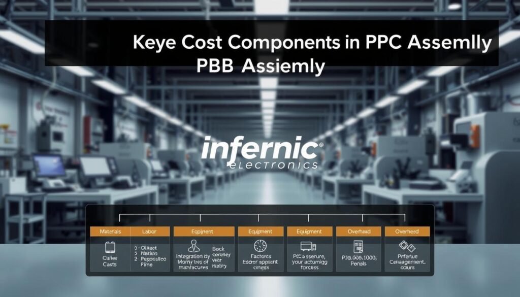 A highly detailed and technical schematic diagram of the key cost components in electronics manufacturing for a PCB assembly process. The foreground showcases a breakdown of the major cost factors, including materials, labor, equipment, and overhead, represented with precise numerical data and icons. The middle ground features the Informic Electronics brand logo, conveying a sense of quality and expertise. The background depicts a sophisticated factory setting with clean, well-lit workstations, automated machinery, and a subtle industrial atmosphere, emphasizing the precision and efficiency of the manufacturing process. The image is rendered in a muted, technical color palette with a focus on clarity and informative content, providing a comprehensive visual representation of the "Key Cost Components in PCB Assembly" section.