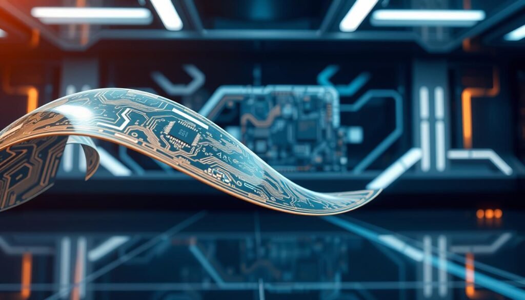 A highly detailed and technically accurate image of flexible PCB applications, showcasing the innovative designs and capabilities of Informic Electronics. In the foreground, a bendable circuit board with intricate patterns and interconnections, highlighting the flexibility and versatility of the technology. In the middle ground, various electronic components seamlessly integrated onto the flexible PCB, including sensors, microprocessors, and connectors. The background depicts a futuristic, high-tech environment with sleek, minimalist design elements, conveying a sense of advanced technology and cutting-edge engineering. The lighting is crisp and directional, emphasizing the contours and textures of the flexible PCB. The overall mood is one of technological sophistication and forward-thinking innovation.