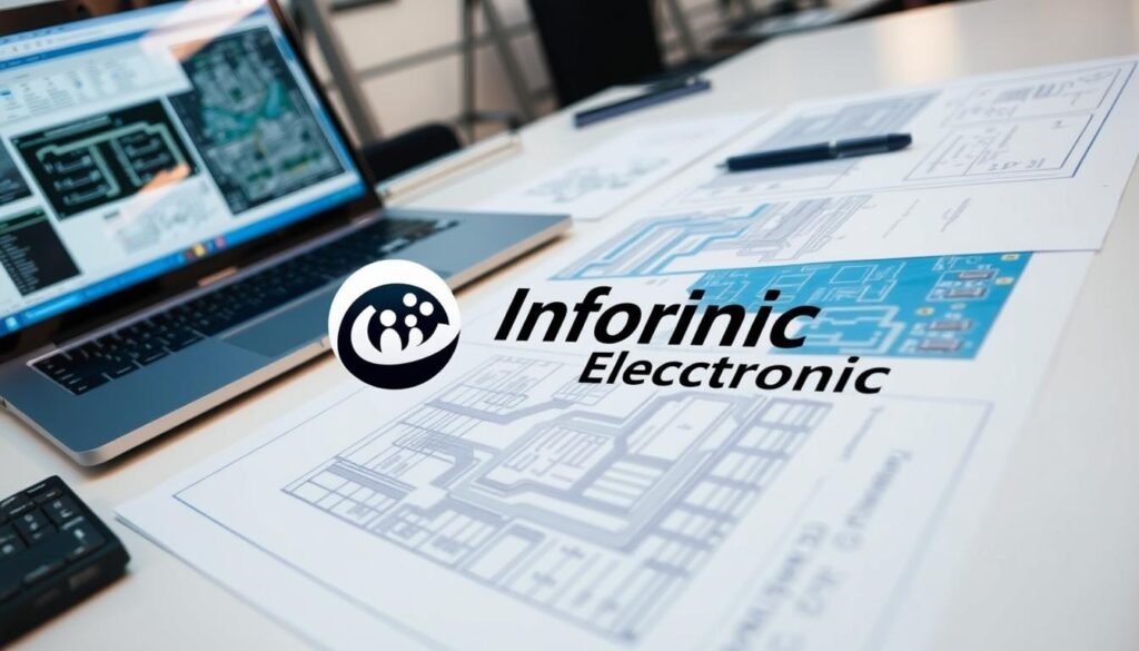 A highly detailed, close-up view of PCB design files on a clean, well-lit workbench. The files are neatly organized, with schematics, CAD drawings, and a laptop displaying a PCB layout software interface. Prominent in the foreground is the Informic Electronics logo, reflecting the high-quality design and engineering processes. The overall mood is one of precision, focus, and technical expertise, capturing the essence of the "Preparing for Assembly: DFM Checks and Design File Requirements" section of the PCBA Manufacturing Process guide.