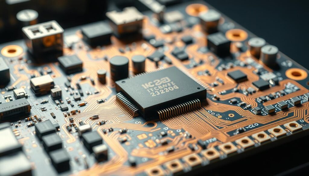 A highly detailed, close-up view of a complex printed circuit board (PCB) assembly, showcasing its intricate technical capabilities. The foreground features an array of precisely soldered electronic components, including microchips, resistors, capacitors, and connectors, arranged in a visually striking and symmetrical pattern. The middle ground reveals the multilayered PCB substrate, with its intricate copper traces and vias, conveying the advanced engineering required for reliable signal routing and power distribution. The background is softly blurred, creating a sense of depth and focus on the central PCB assembly. The lighting is crisp and directional, casting subtle shadows that accentuate the three-dimensional nature of the components. The overall mood is one of technical sophistication, precision, and engineering excellence.