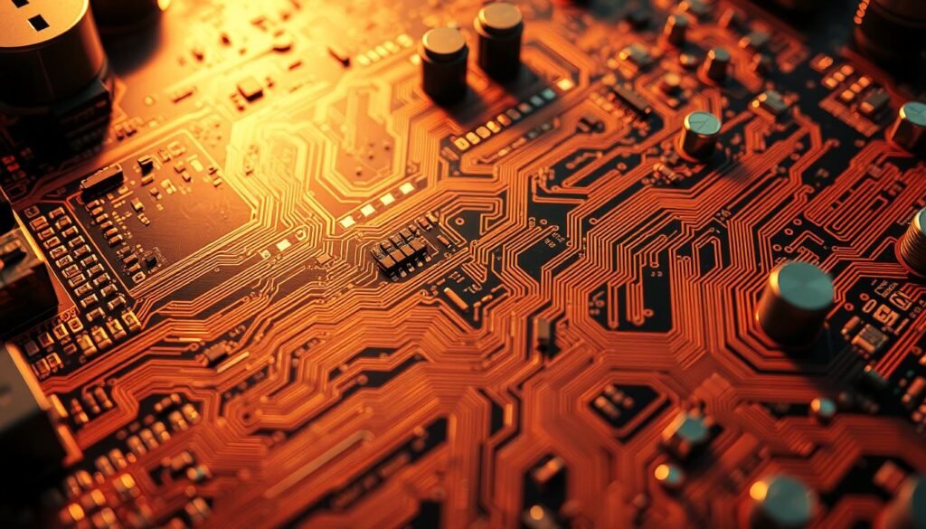 A highly detailed close-up view of a printed circuit board (PCB) undergoing thermal monitoring. The PCB is illuminated by warm, natural-looking lighting, casting subtle shadows and highlights that accentuate the intricate copper traces, vias, and components. The camera angle is positioned slightly above, providing a straight-on perspective that showcases the overall layout and density of the board. The background is blurred, drawing the viewer's attention to the PCB's surface, which is free of any distracting elements or text. The overall mood is one of technical precision and diagnostic investigation, setting the stage for the "Initial Power-Up and Testing Procedures" section of the article.