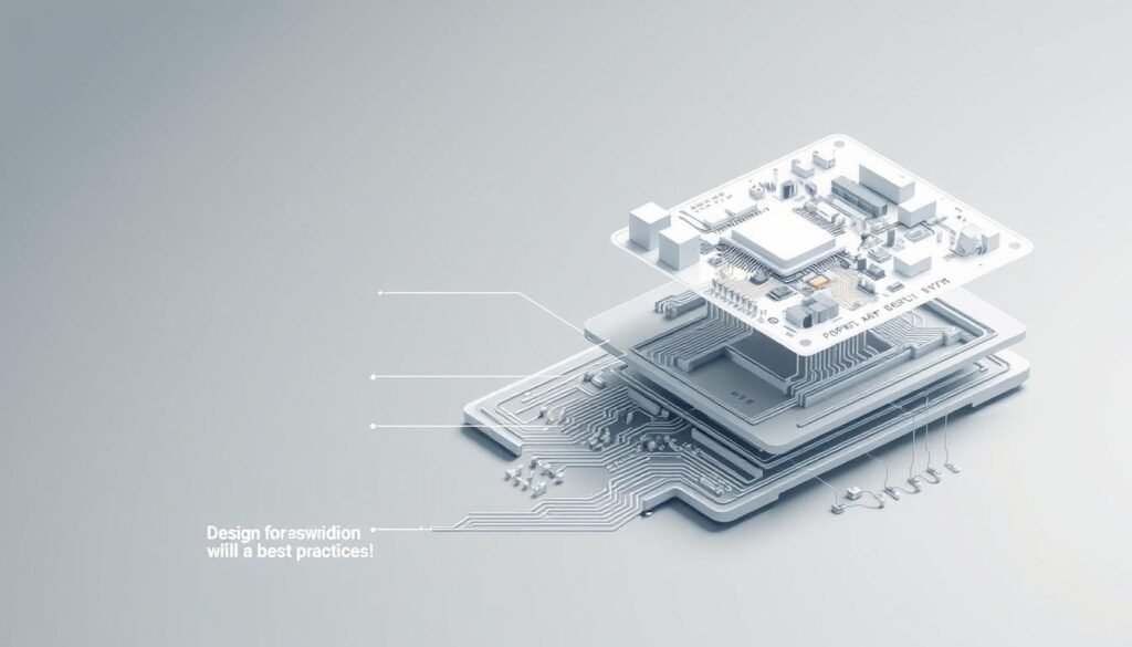 A highly detailed cross-section illustration of a printed circuit board (PCB) showcasing key design for manufacturability (DFM) guidelines and best practices. The image features a clean, technical aesthetic with a neutral color palette, crisp lines, and precise engineering schematics. In the foreground, crucial DFM elements are highlighted, such as proper trace widths, spacing between traces, and vias positioned to optimize the manufacturing process. The middle ground depicts the multi-layered PCB structure, with clear depictions of copper planes, solder mask, and silkscreen. In the background, an isometric view of the overall board layout demonstrates efficient component placement and routing to minimize manufacturing challenges. Soft, directional lighting creates depth and emphasizes the intricate engineering details. The resulting image conveys a sense of pragmatic professionalism suitable for illustrating the key PCB DFM guidelines covered in the article.