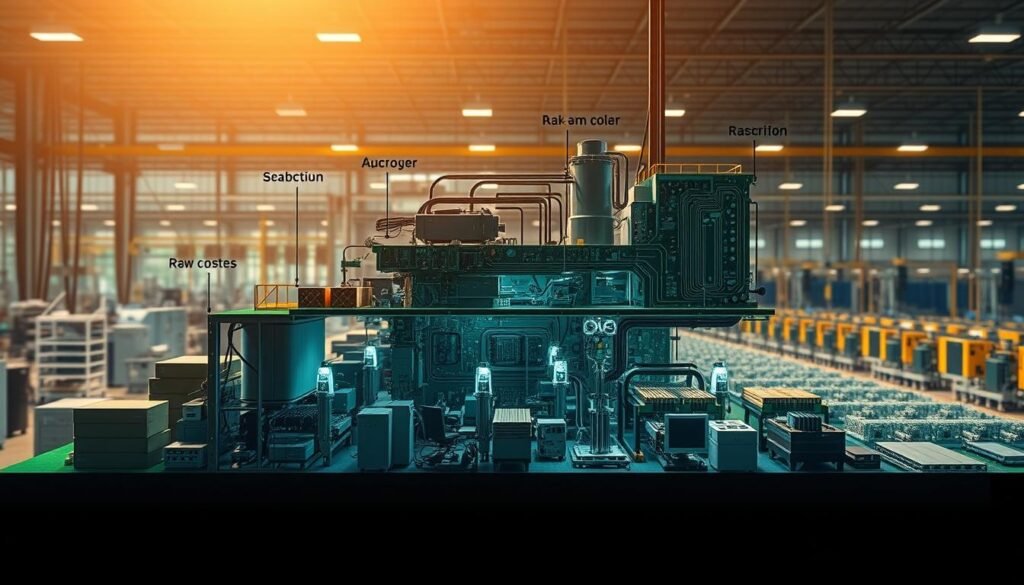 A highly detailed cross-section of a printed circuit board (PCB) manufacturing facility, showcased under warm, directional lighting that casts subtle shadows. In the foreground, various cost factors are visually represented, such as raw material expenses, labor costs, equipment maintenance, and shipping logistics. The middle ground depicts the advanced machinery and automation involved in the PCB fabrication process, while the background reveals the scale of the operation, with rows of assembly lines and quality control stations. The overall scene conveys the complex, interconnected nature of the factors that influence the unit cost of PCB manufacturing.