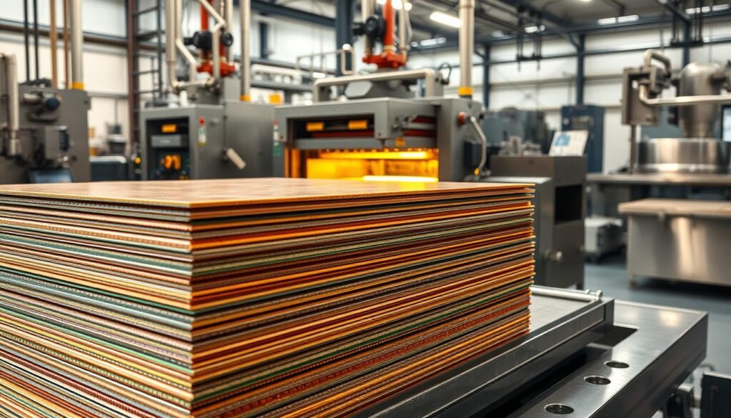 A highly detailed, cross-sectional view of the PCB lamination process. In the foreground, a stack of copper-clad FR-4 laminates is carefully aligned, awaiting the application of heat and pressure. The middle ground features the industrial machinery, with precisely engineered hydraulic presses and heating elements, bathed in a warm, amber glow. In the background, a clean, well-lit manufacturing environment with stainless steel surfaces and an array of technical instruments. The scene conveys a sense of precision, efficiency, and the specialized expertise required to produce high-quality printed circuit boards.
