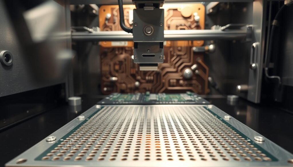 A highly detailed, cross-sectional view of the solder stencil printing process. In the foreground, a stencil with intricate perforations sits atop a circuit board, ready to deposit precision solder paste. In the middle ground, a squeegee mechanism applies even pressure, guiding the paste through the stencil openings. The background showcases the inner workings of the industrial-grade solder printer, with carefully engineered components and mechanisms visible. Soft, directional lighting highlights the technical complexity and engineering elegance of the process. The scene conveys a sense of precision, efficiency, and the crucial role of solder stencil printing in modern electronics manufacturing.