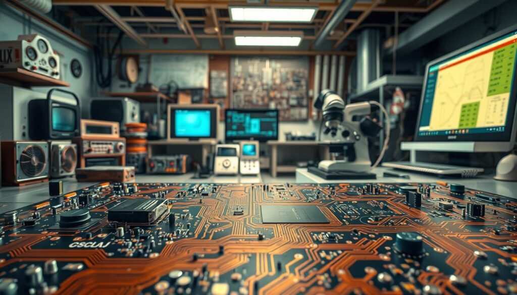 A highly detailed, hyper-realistic digital illustration showcasing the various applications of PCB reverse engineering. The foreground depicts a disassembled circuit board, its components meticulously rendered, with intricate copper traces and solder points. The middle ground features a range of electronic devices, from vintage radios to modern smartphones, highlighting the diverse use cases for reverse engineering. In the background, a state-of-the-art laboratory setting with advanced test equipment, microscopes, and computer monitors displays schematics and design files. The scene is illuminated by a combination of natural and task lighting, creating a sense of technical precision and scientific exploration. The overall mood conveys the intellectual challenge and technological importance of PCB reverse engineering.