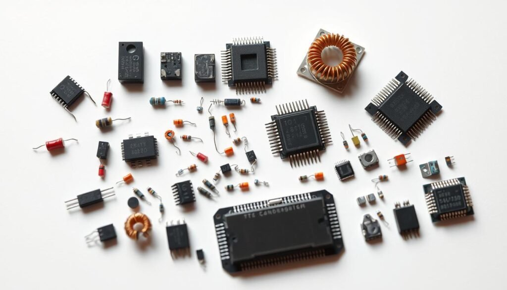 A highly detailed, macro-level photograph of an assortment of surface mount technology (SMT) components, including resistors, capacitors, inductors, integrated circuits, and microchips, arranged neatly on a clean, matte white backdrop. The components are evenly lit from above, casting subtle shadows that emphasize their three-dimensional forms. The image showcases the compact, densely-packed nature of SMT, with the components' intricate designs and precise placement highlighting the sophistication of modern printed circuit board (PCB) assembly techniques. The overall scene conveys a sense of technical elegance and precision, reflecting the essential role of SMT in the manufacture of advanced electronic devices.