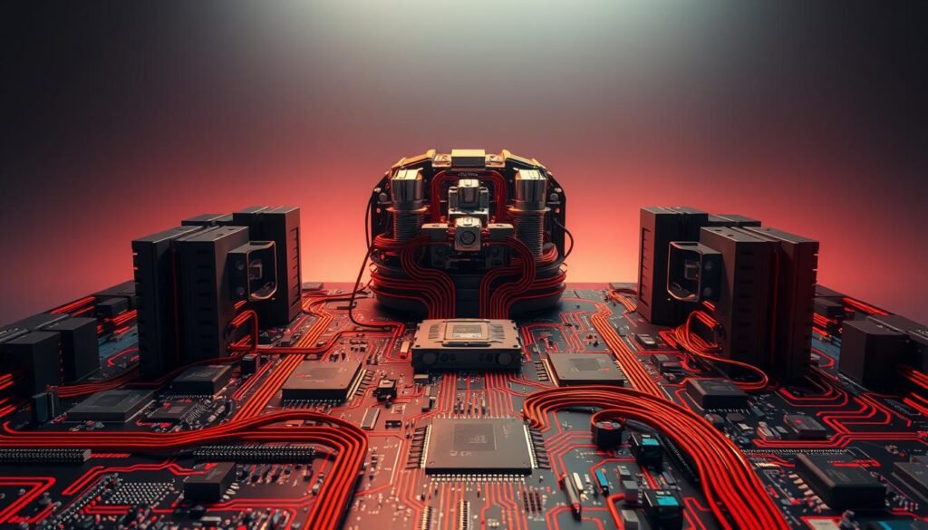 A highly detailed, modular circuit design with sleek, futuristic aesthetics. The foreground showcases an intricate layout of interconnected circuit boards, components, and wiring, all in a bold, high-contrast color palette. The middle ground features a precision-engineered mechanical structure, creating a sense of depth and dimension. In the background, a subtle, gradient-rich environment evokes a cutting-edge, technologically advanced setting. Carefully placed shadows and reflections add depth and realism. The entire scene is illuminated by a warm, directional light source, casting dramatic shadows and highlights. The overall composition conveys a sense of advanced, Informic Electronics engineering and innovation.