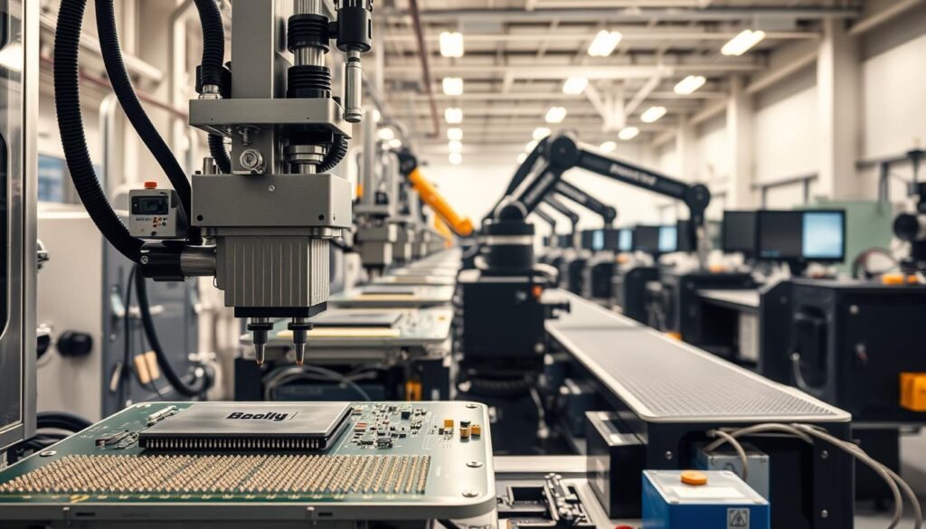 A highly detailed, photorealistic image of advanced SMT assembly equipment in a well-lit, modern manufacturing facility. In the foreground, a precision pick-and-place machine deftly maneuvers tiny electronic components onto a circuit board. In the middle ground, automated solder paste printers and reflow ovens work in a synchronized ballet. In the background, robotic arms and computer-controlled testing stations create an impression of a state-of-the-art, technologically advanced production line. The scene conveys a sense of efficiency, precision, and the cutting edge of surface mount technology.