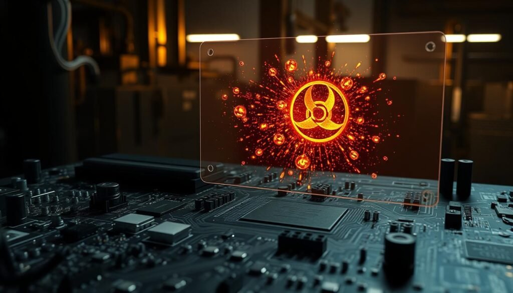 A highly detailed, photorealistic image of the impact of restricted substances on a PCB design, as part of the "Informic Electronics" product line. The foreground features a complex, multilayered PCB layout with various components and traces, rendered with precise technical accuracy. In the middle ground, a transparent overlay highlights the restricted substances, visualized as glowing, hazardous symbols and particles disrupting the circuit. The background depicts a dimly lit, industrial environment with ominous shadows, conveying the gravity of the issue. Dramatic lighting from the side casts dramatic shadows, emphasizing the technical details. The overall mood is one of concern and warning, reflecting the importance of responsible PCB design and manufacturing.