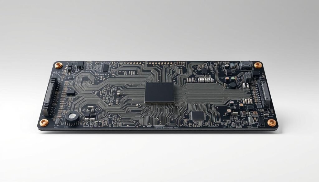 A highly detailed, photorealistic rendering of a high-density interconnect (HDI) printed circuit board (PCB), showcasing its advantages over traditional PCB designs. The PCB should be depicted in a well-lit, front-facing perspective, with a clean, minimalist background to emphasize the intricate details. Prominently feature the dense, multilayered circuit traces, vias, and other advanced features that enable increased component density, improved signal integrity, and reduced form factor. Convey a sense of technological sophistication and innovation, highlighting the HDI PCB's suitability for modern, high-performance electronic applications.