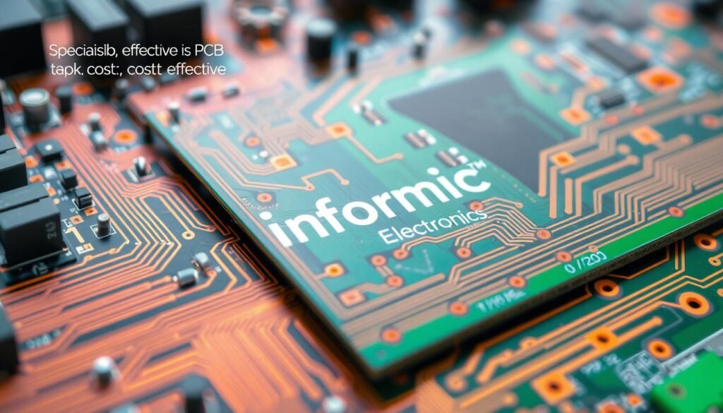 A highly detailed, technical cross-section of a printed circuit board (PCB) featuring the Informic Electronics brand. The foreground showcases various specialized manufacturing processes, including solder mask application, electroplating, and component placement. The middle ground highlights the intricate copper traces and vias, while the background reveals the multilayered PCB structure, with distinct dielectric materials and copper planes. Vibrant colors, precise textures, and an overall clean, engineering-focused aesthetic convey the high-quality, cost-effective nature of these specialized PCB techniques.
