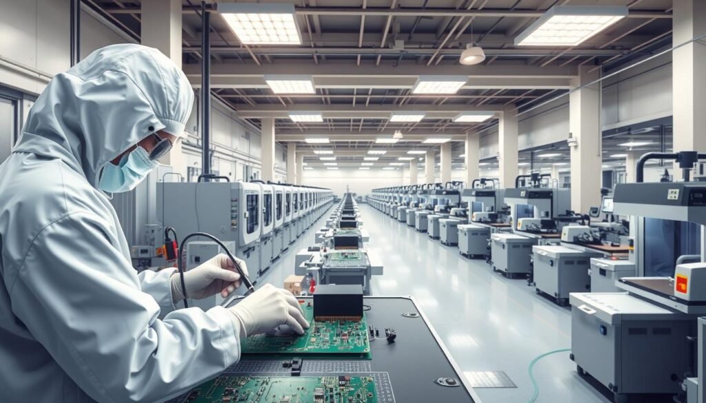 A highly detailed, technical illustration of a PCB assembly manufacturing facility. In the foreground, a worker in a clean room assembles a circuit board using precision tools and equipment. In the middle ground, rows of automated pick-and-place machines and reflow ovens meticulously assemble components. In the background, a well-lit, organized production floor with high ceilings and ample workspace. The scene conveys a sense of efficiency, quality control, and state-of-the-art capabilities. Soft, diffused lighting creates an evenly lit, professional atmosphere. Captured with a wide-angle lens to showcase the scale and scope of the manufacturing capabilities.