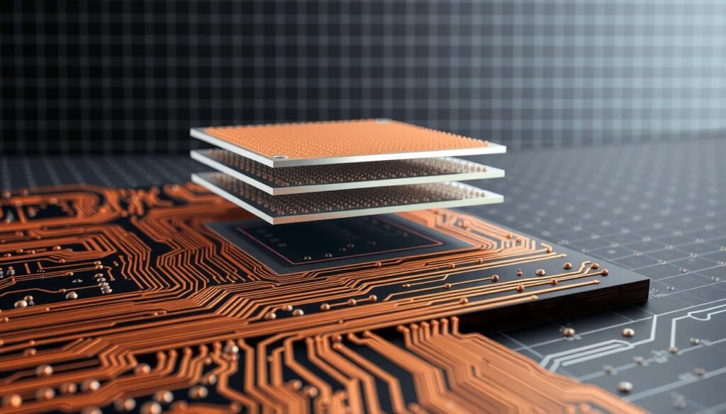 A highly detailed, technical illustration of a printed circuit board reference plane implementation. The foreground shows the copper pour of the reference plane, with precise traces and vias connecting various components. The middle ground depicts the board layers in cross-section, highlighting the strategic placement of the reference plane between signal layers. The background features a subtle grid pattern, emphasizing the grid-based layout of the PCB design. Rendered with a crisp, technical aesthetic using precise lighting and a clean, neutral color palette to convey the engineering principles behind effective reference plane design for high-speed digital circuits.
