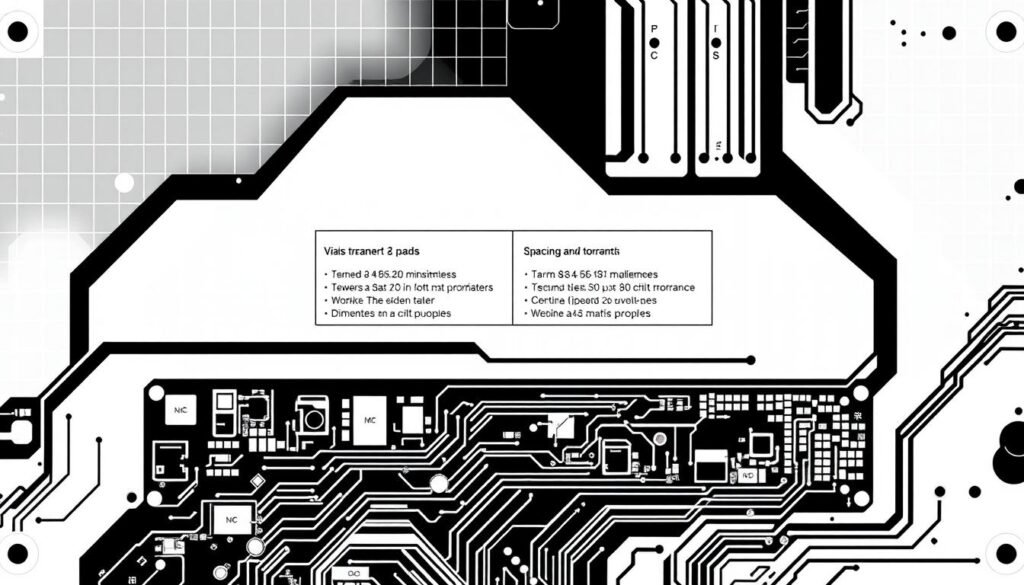 A highly detailed, technical illustration of printed circuit board (PCB) design standards, showcasing the key principles and best practices for effective design for manufacturability (DFM). The image depicts a sleek, minimalist layout with a clean, engineering-focused aesthetic. In the foreground, various PCB components and design elements are prominently displayed, including vias, traces, pads, and solder mask, all rendered with precision and clarity. In the middle ground, a series of annotated guidelines and specifications outline the optimal dimensions, spacing, and tolerances for a manufacturable PCB design. The background features a subtle grid pattern, conveying a sense of structure and technical precision. The overall mood is one of professionalism, expertise, and a deep understanding of PCB design principles.