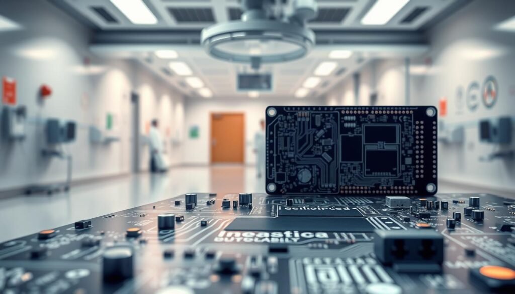 A highly detailed, technical illustration showcasing the "Informic Electronics" medical PCB design with a focus on safety and reliability. The foreground features a close-up view of the PCB layout, highlighting critical components, interconnects, and safety-oriented design elements like redundancy, shielding, and overcurrent protection. The middle ground depicts the PCB in a sterile, hospital-like environment, emphasizing its medical application. The background subtly suggests regulatory compliance, with faint outlines of certifications and standards. Dramatic lighting from multiple angles accentuates the precision engineering, while a shallow depth of field draws the viewer's attention to the intricate PCB details. An overall sense of professionalism, attention to safety, and technological sophistication permeates the image.