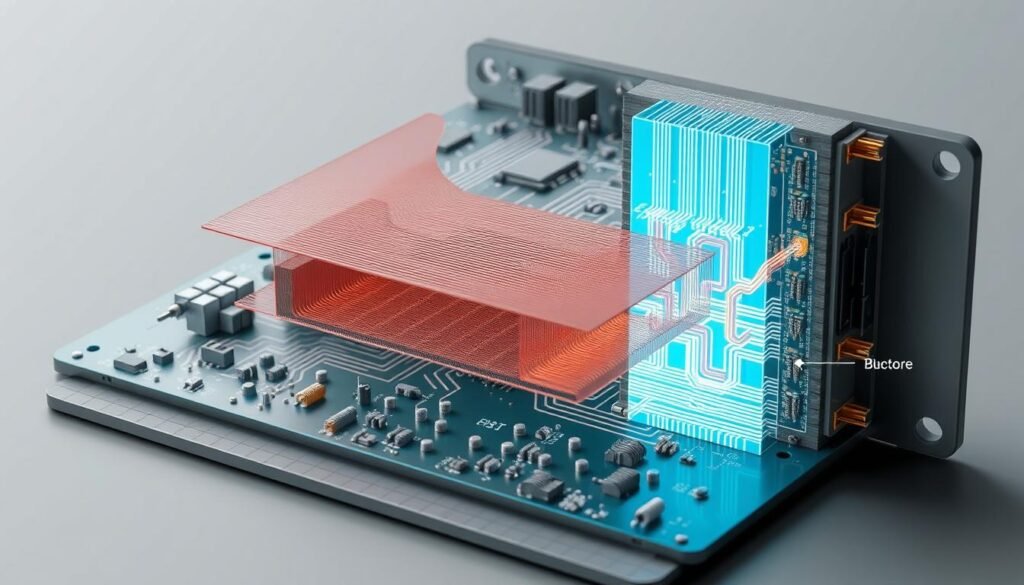 A highly detailed, technically accurate diagram showcasing the thermal conductivity of a printed circuit board (PCB). The image should depict a cross-section of the PCB, with clear visualization of the copper layers, dielectric materials, and thermal pathways. Utilize a muted, technical color palette with precise labeling of key components and heat transfer mechanisms. The overall composition should convey a sense of engineering precision, highlighting the importance of thermal management in PCB design. Render the scene with realistic lighting, subtle shadows, and a clean, professional aesthetic to match the subject matter.